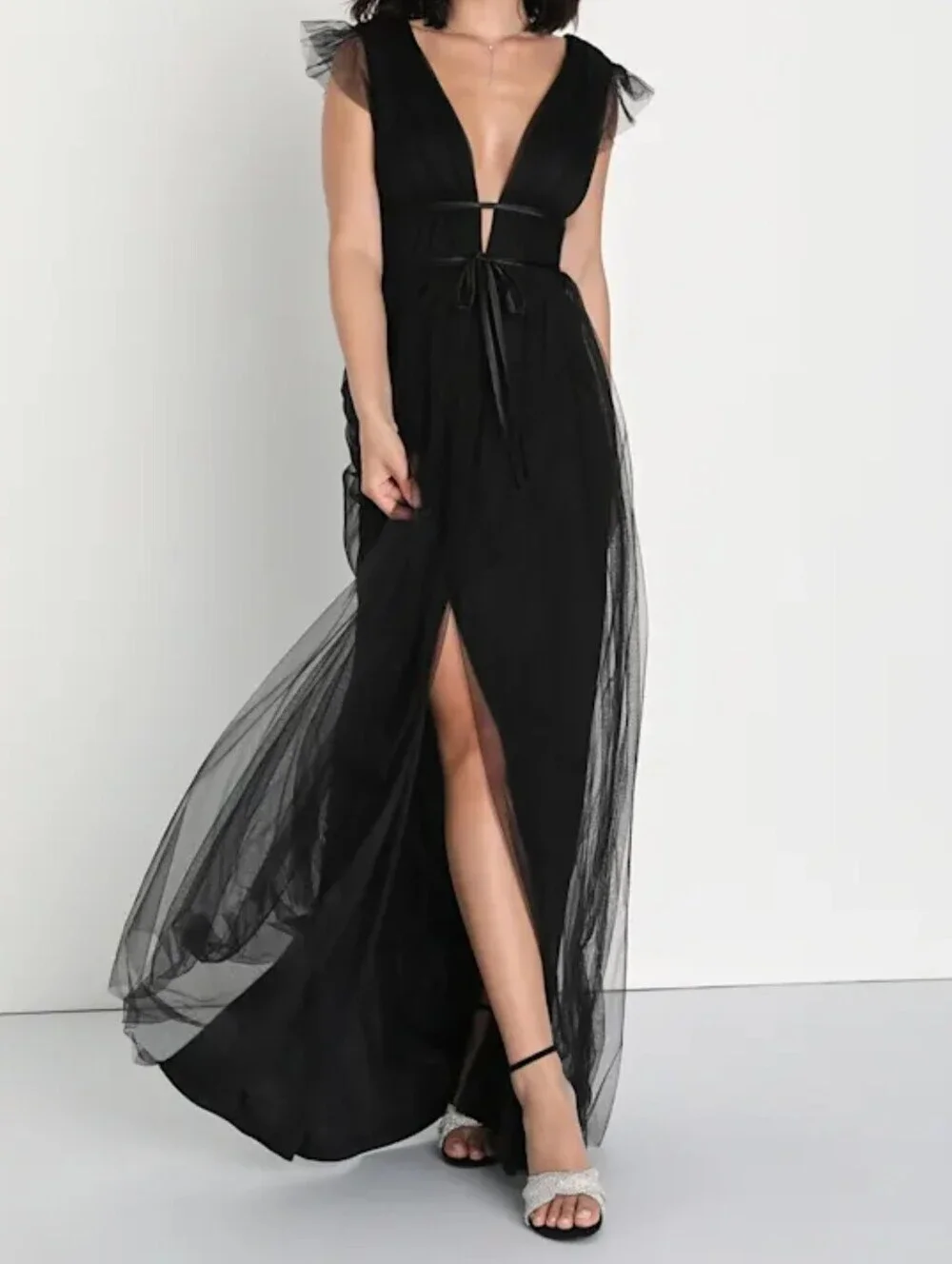 Lulus I'm All Yours Black Tulle Ruffled Maxi Dress - V-Neck V-Back - Size Large